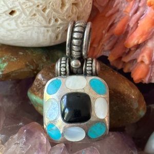 Vintage onyx turquoise mother of pearl sterling silver pendant
